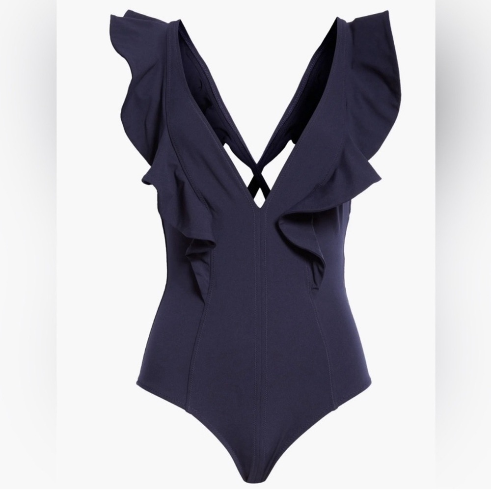 Ulla Johnson Evelina Ruffle Plunge One-Piece Swimsuit, Navy, Size Large, $380 - Picture 3 of 16